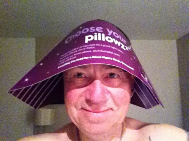 Mick Peters Fairport Convention Tour Manager in pillow-holder hat